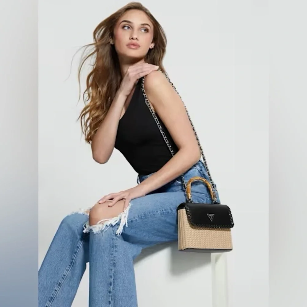 New GUESS Black and Tan Satchel with Bamboo Handle